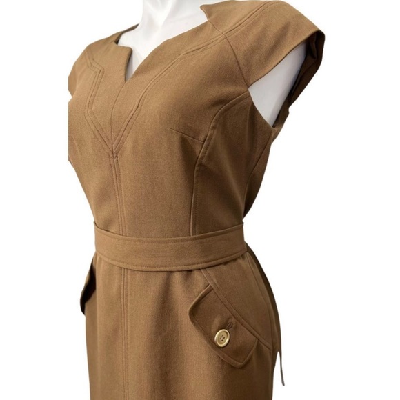Kasper Brown Self Tie Belt Seamed Notched Neckline Sheath Dress - Picture 4 of 8